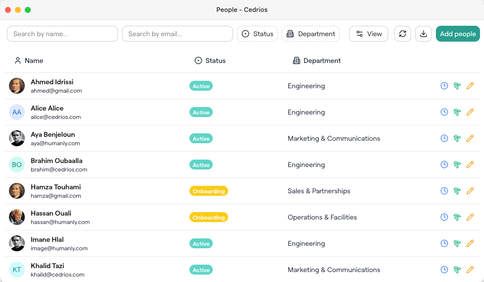 Cedrios Dashboard showing people management interface with analytics, payroll, and compliance features